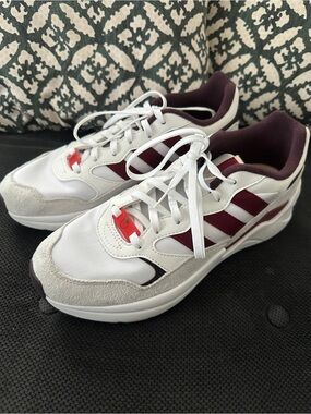 adidas Women’s White and Burgundy Retro-Style Sneakers